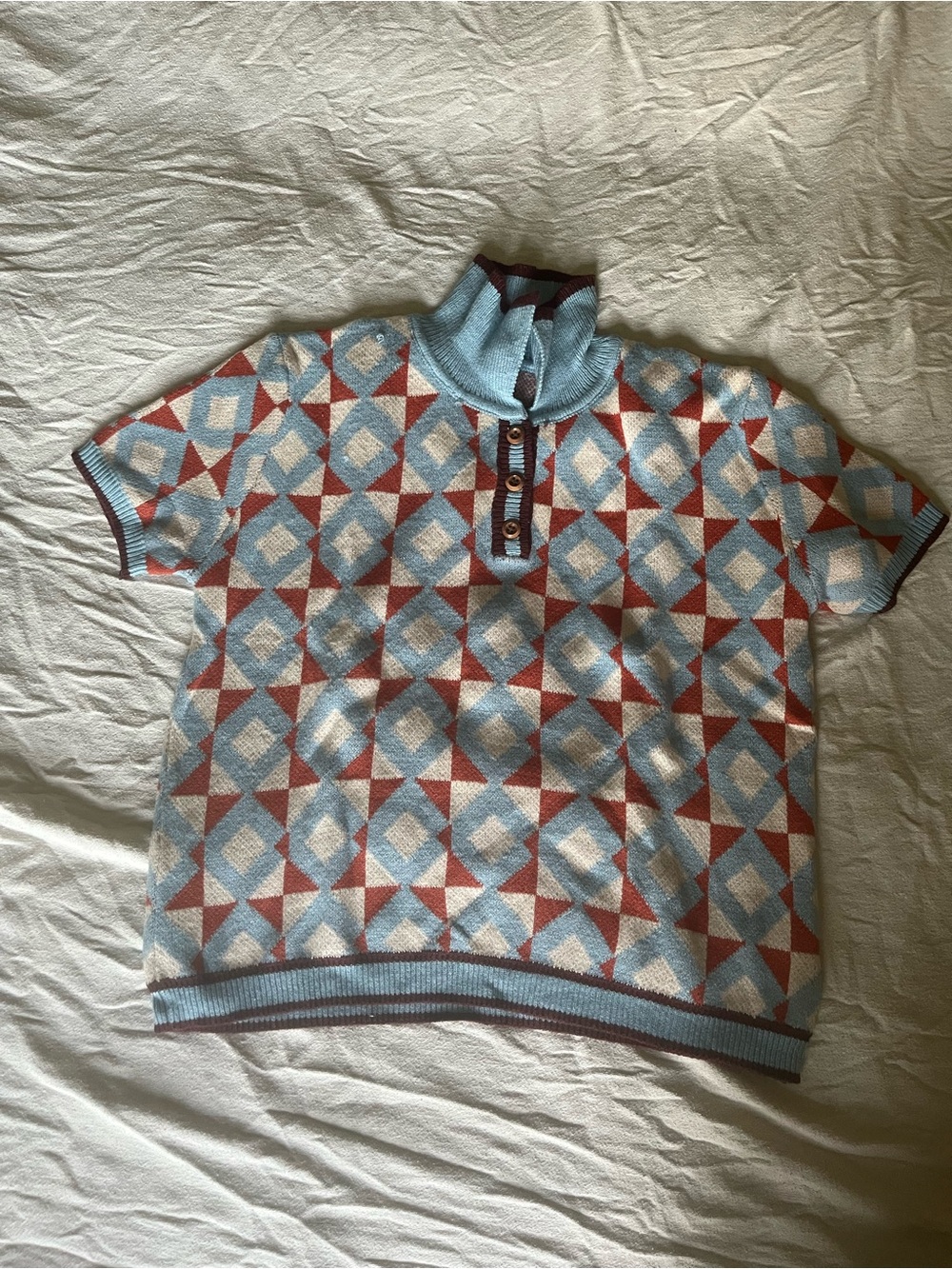 Cider Short-Sleeve Button-Up Geometric Knit Top in Light Blue and Rust